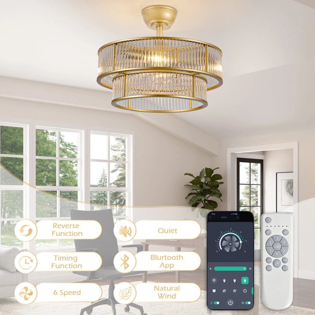 Ventilatore da soffitto con luce 19 pollici; controllo App e telecomando; oro; ABS e vetro