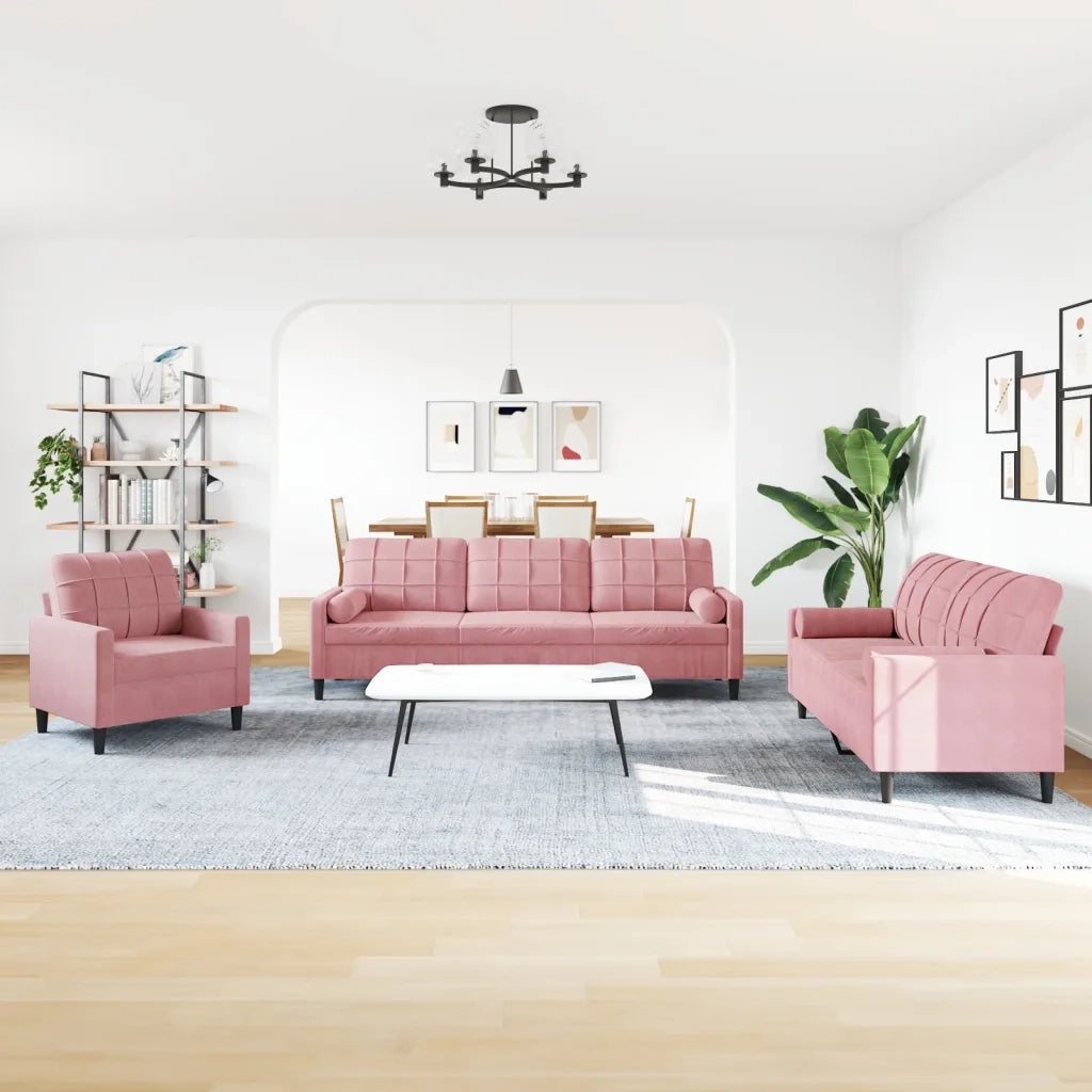 Set di Divani 3 pz con Cuscini e Rinforzi rosa in Velluto