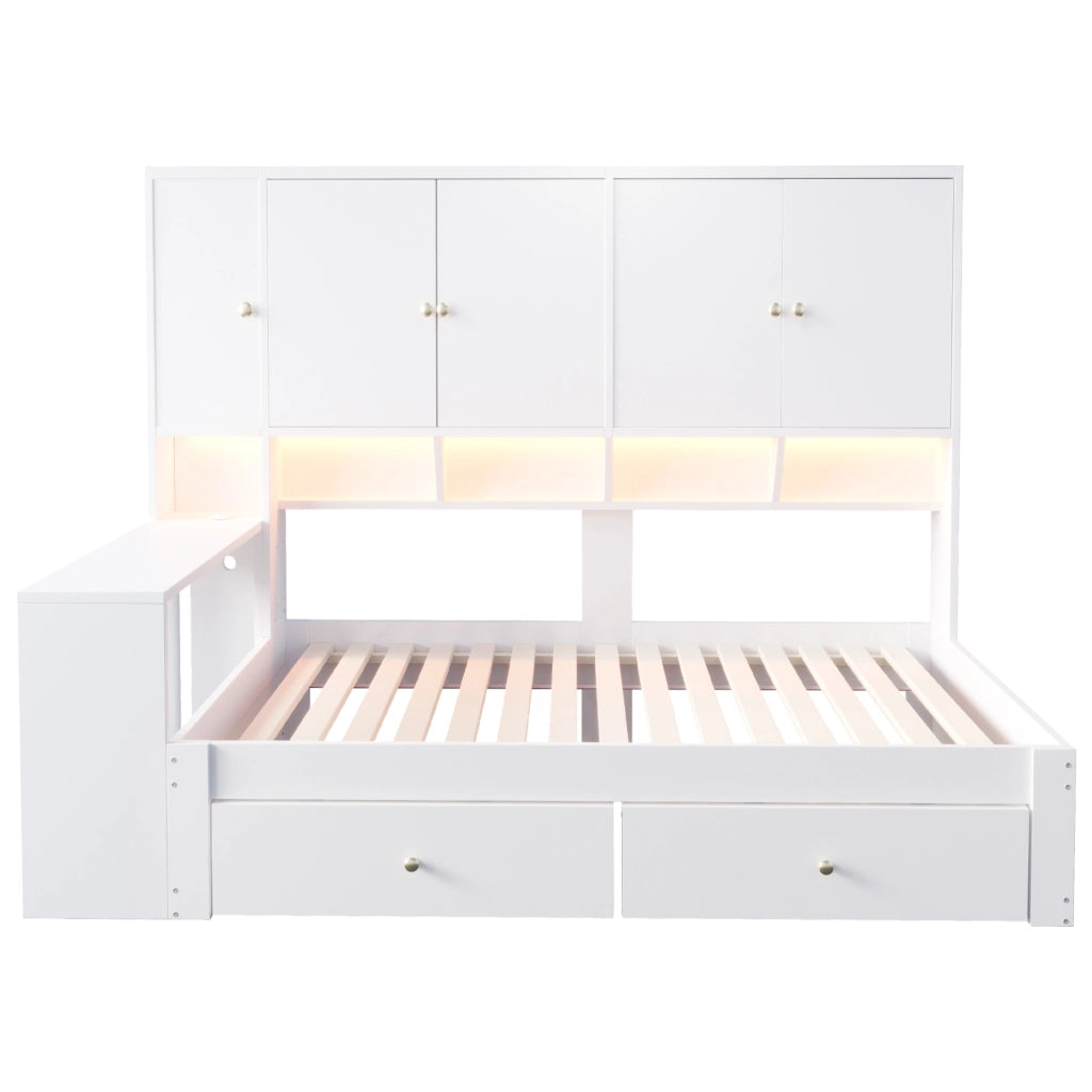 Letto multifunzionale 90x200 cm con scrivania integrata; armadi; 2 cassetti; LED e presa; bianco