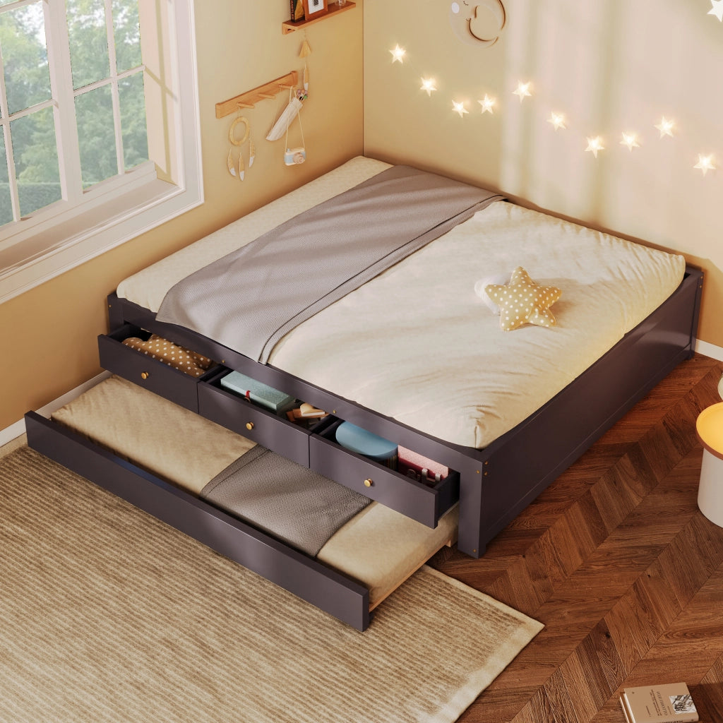 Letto matrimoniale con 3 cassetti e letto estraibile in MDF e pino color caffè per camera da letto