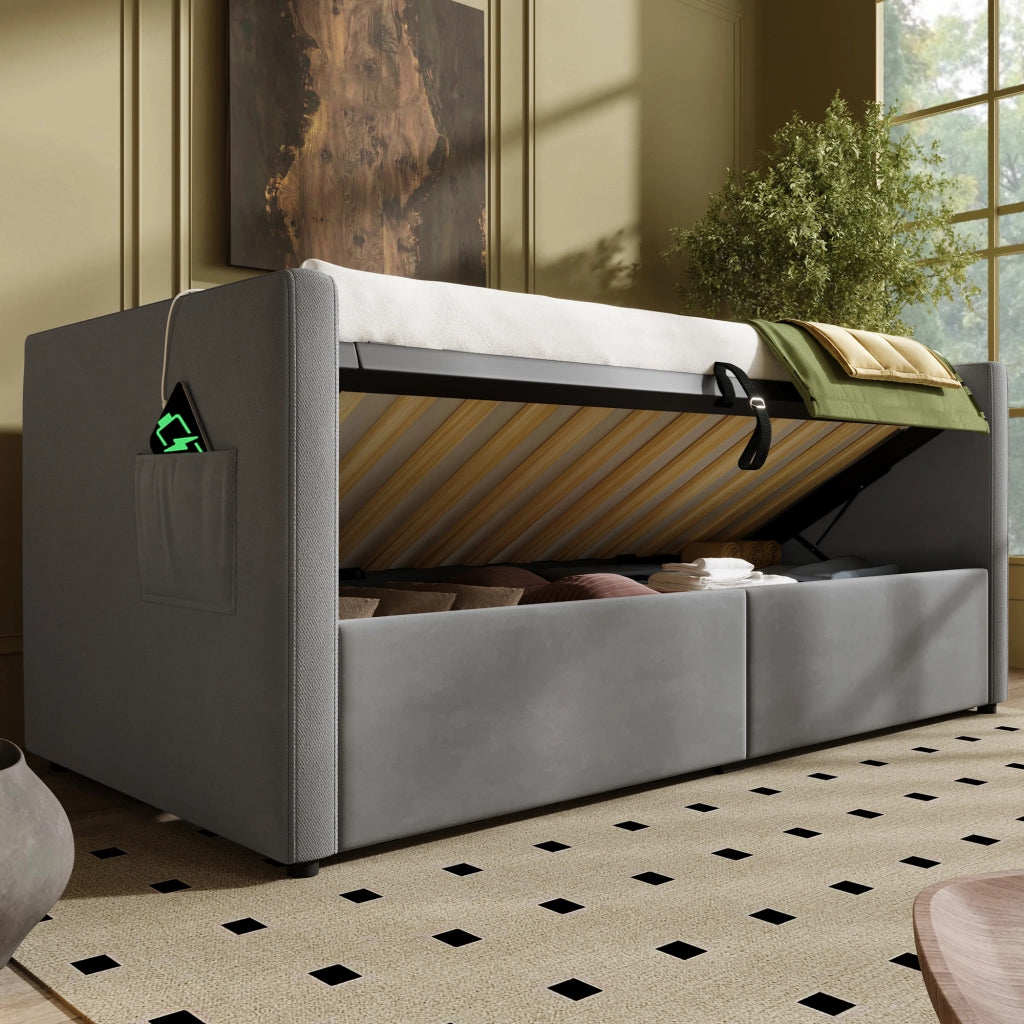 Divano letto imbottito 90x190 cm in velluto grigio con contenitore; USB e Type-C