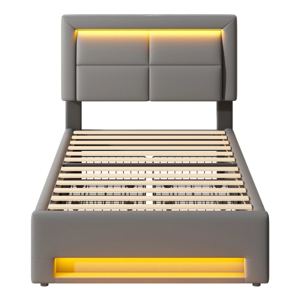 Letto imbottito singolo 90x200 cm con LED, USB e 4 cassetti