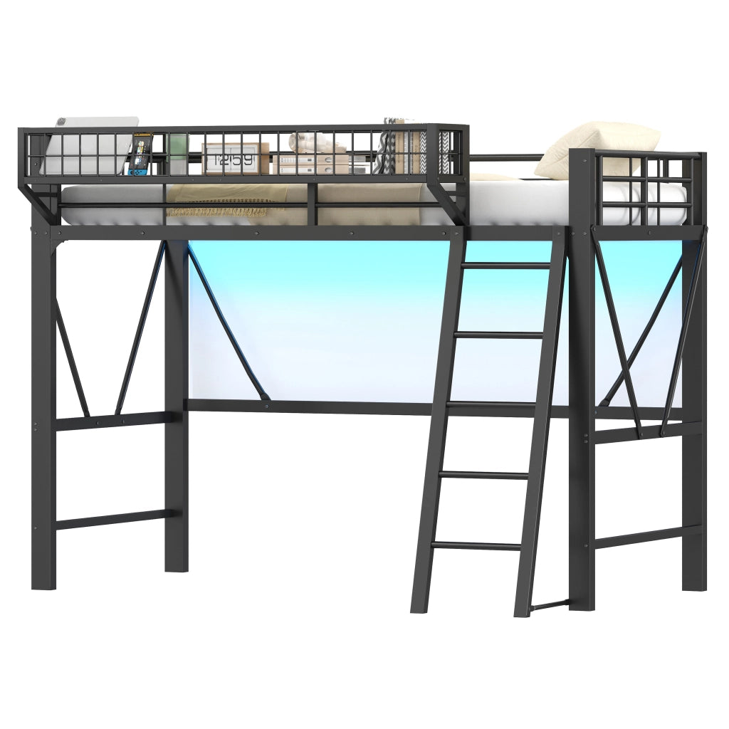 Letto a soppalco 90 × 200 cm 1 posto con LED a 7 colori, cestino laterale e barriere, senza materasso, nero