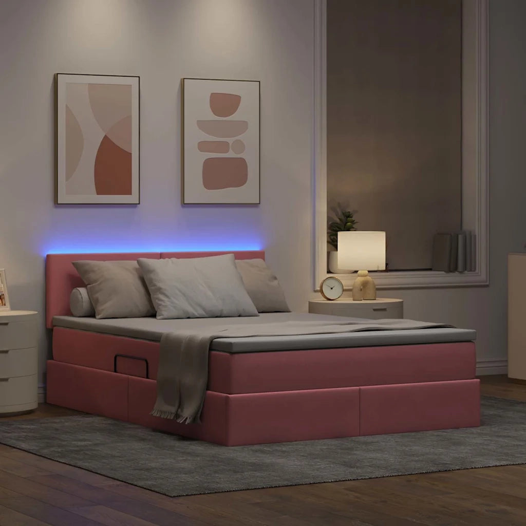 Letto con contenitore e LED con led Rosa 140 x 200 cm Velluto
