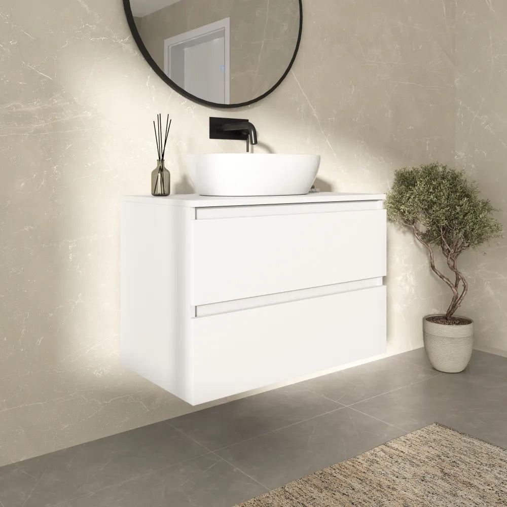 Mobile bagno sospeso 80cm due cassetti bianco opaco con top | Hexa