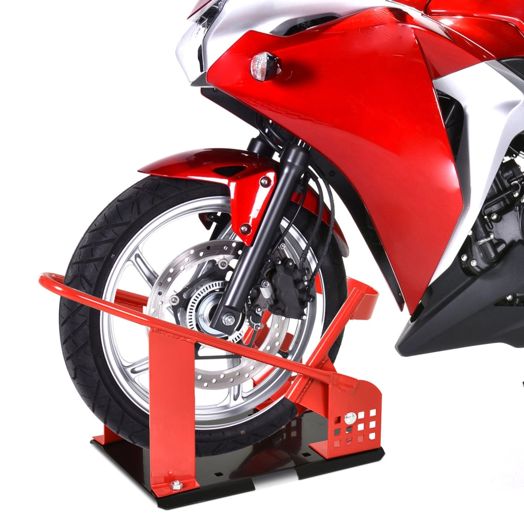 Cavalletto blocca ruota moto universale 8-15,5 cm supporto per rimorchio furgone officina robusto con fori preforati