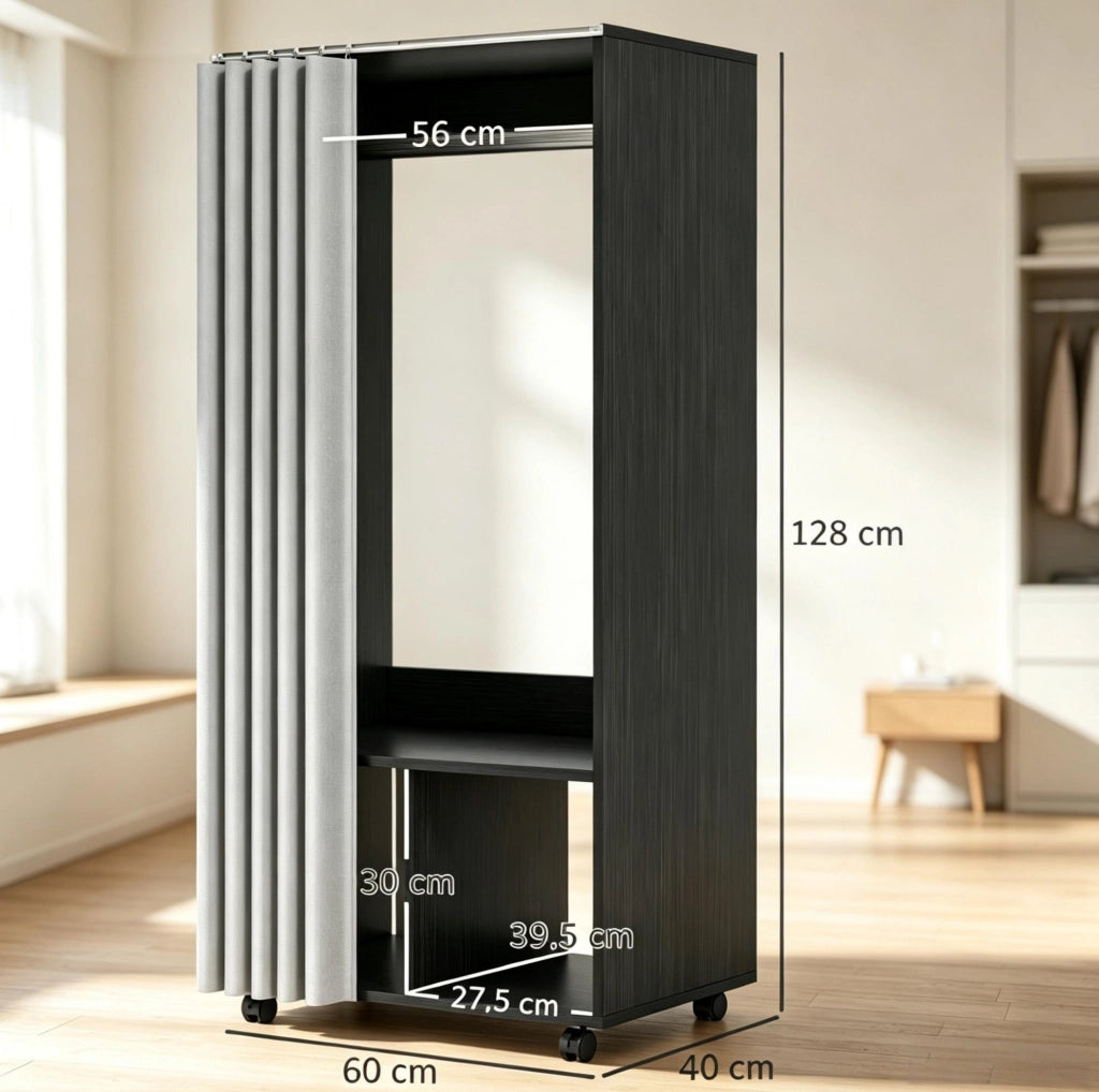 Guardaroba mobile con struttura in truciolato e tenda in tessuto opaco, 60x40x128 cm, nero e grigio