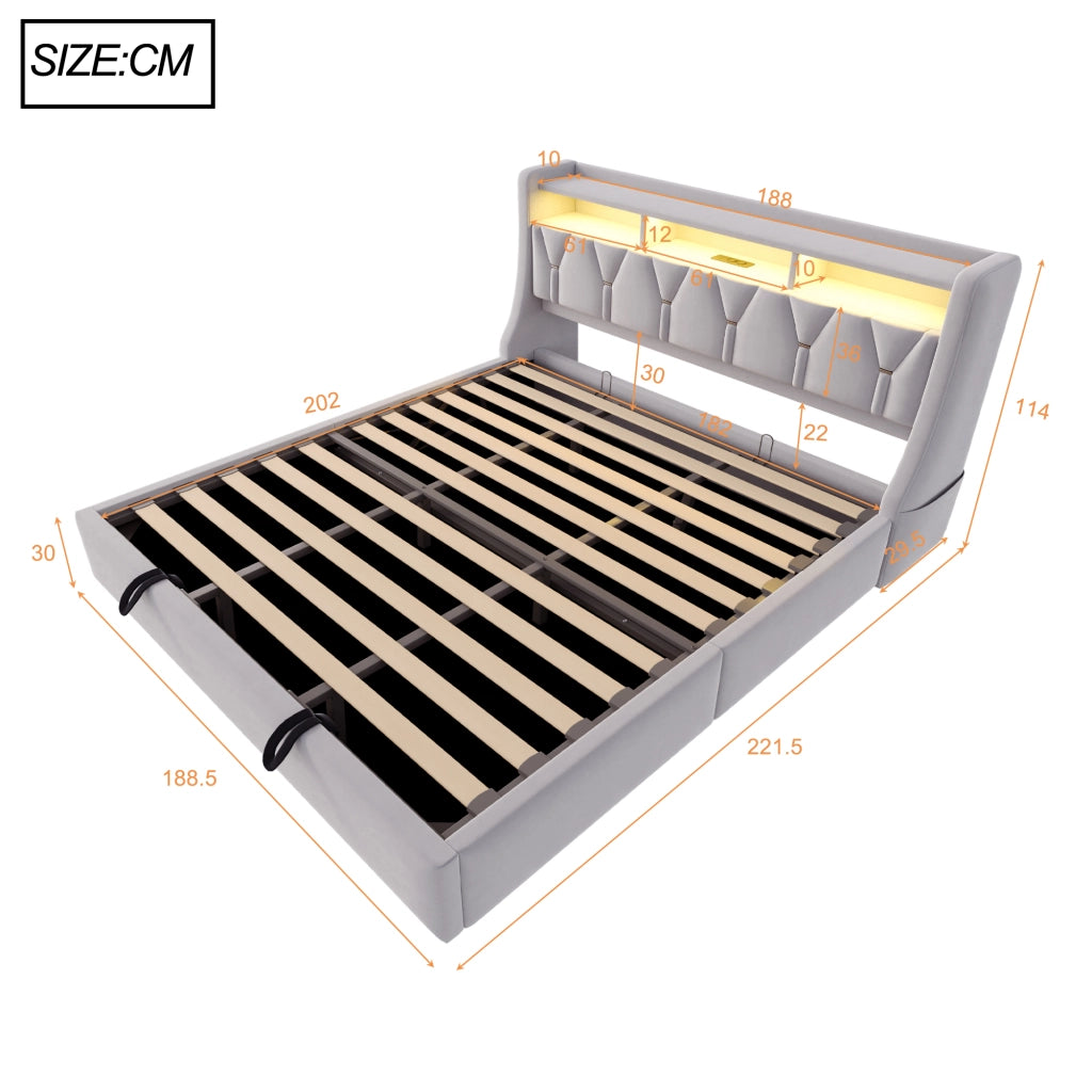 Letto contenitore 180 × 200 cm imbottito con testiera LED prese USB e Type-C in velluto grigio chiaro