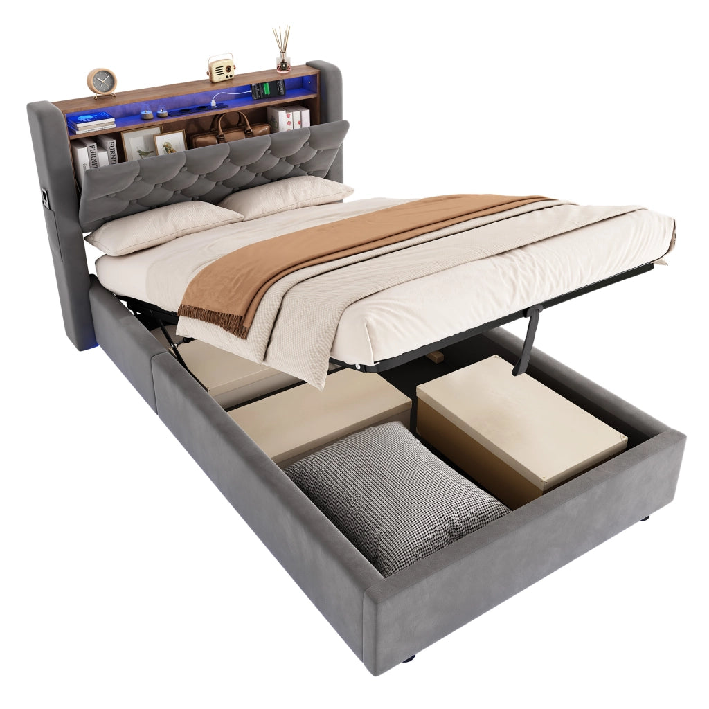 Letto imbottito grigio 90x200 cm con contenitore idraulico, LED e porte USB-A e USB-C