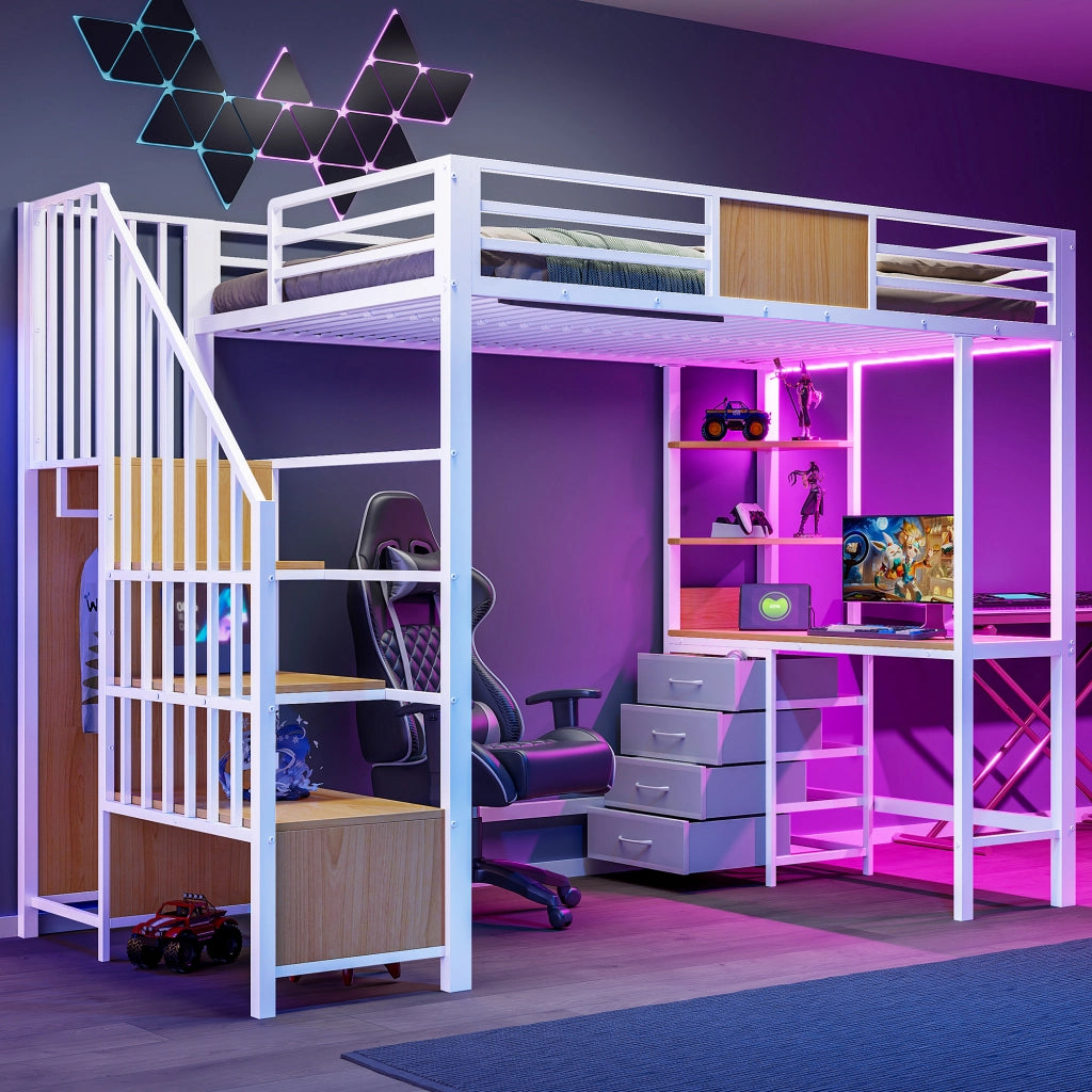 Letto a soppalco per bambini 90x200 cm con scrivania; LED e presa; ripiani e barra appendiabiti; metallo bianco