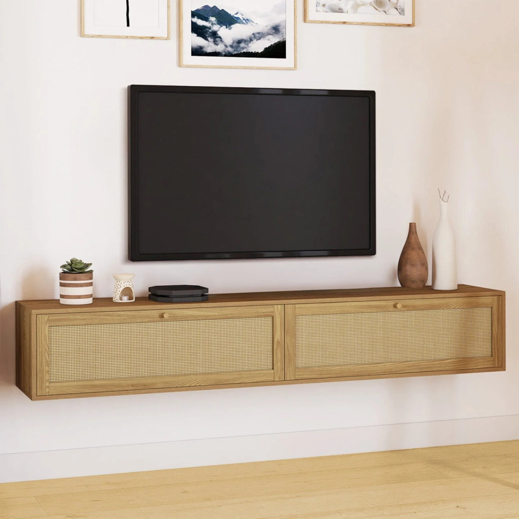 IDMarket - HANAE 180 cm mobile TV a parete 2 ante effetto canna naturale