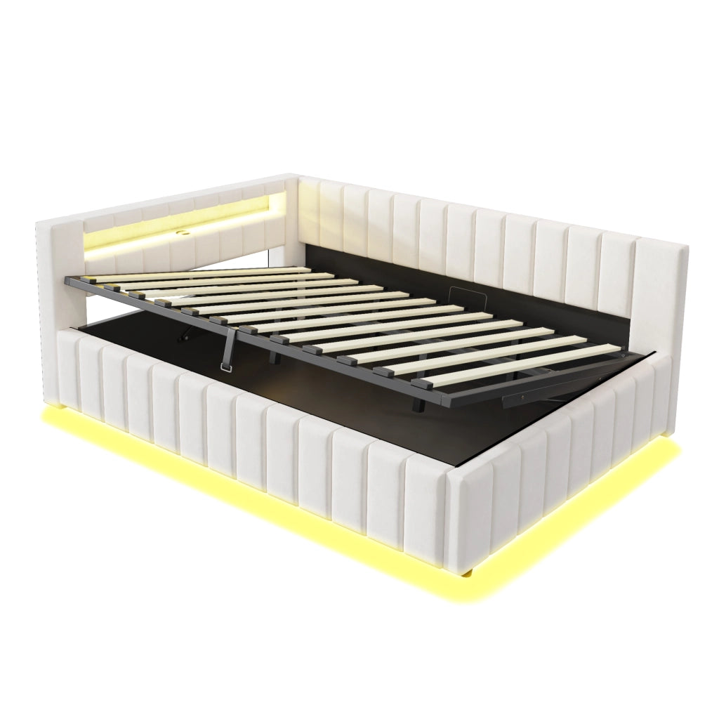 LETTO Contenitore 140x200 cm Imbottito Beige con LED, USB e Schienale