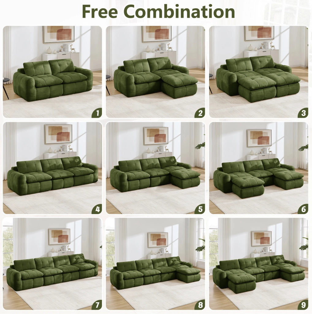 Divano modulare 4 posti verde in chenille con schiuma ad alta densità 32D, senza telaio, per soggiorno e appartamenti