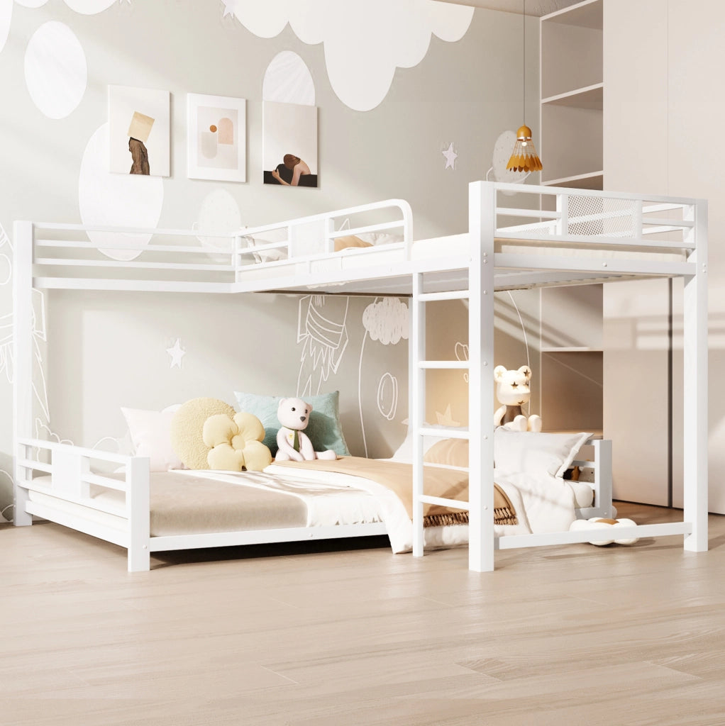 Letto a castello ad angolo in metallo bianco 90x200 cm sopra 140x200 cm
