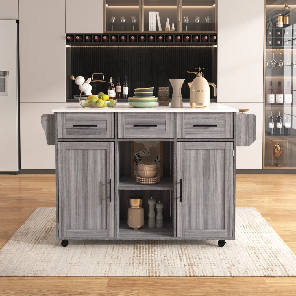Carrello da servizio 139x46(71)x91,5 cm, corpo in impiallacciatura di legno massello grigio, piano in decorazione marmo bianco, ante ripostiglio
