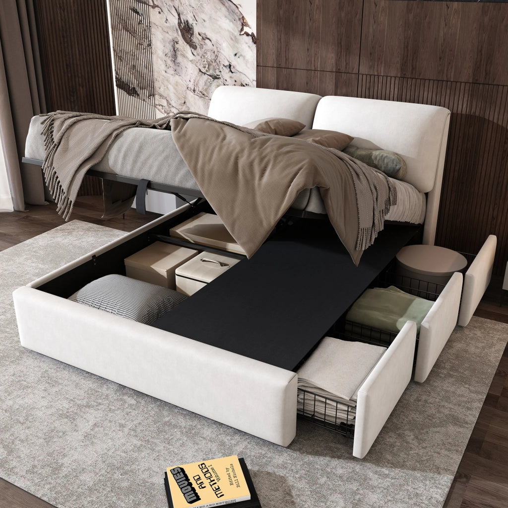 Letto imbottito 140x200 cm con contenitore idraulico; 3 cassetti; rete a doghe e testiera regolabile in velluto beige