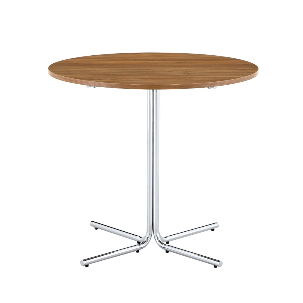 Tavolino basso rotondo 85 cm in MDF noce e metallo cromato, per piccoli spazi