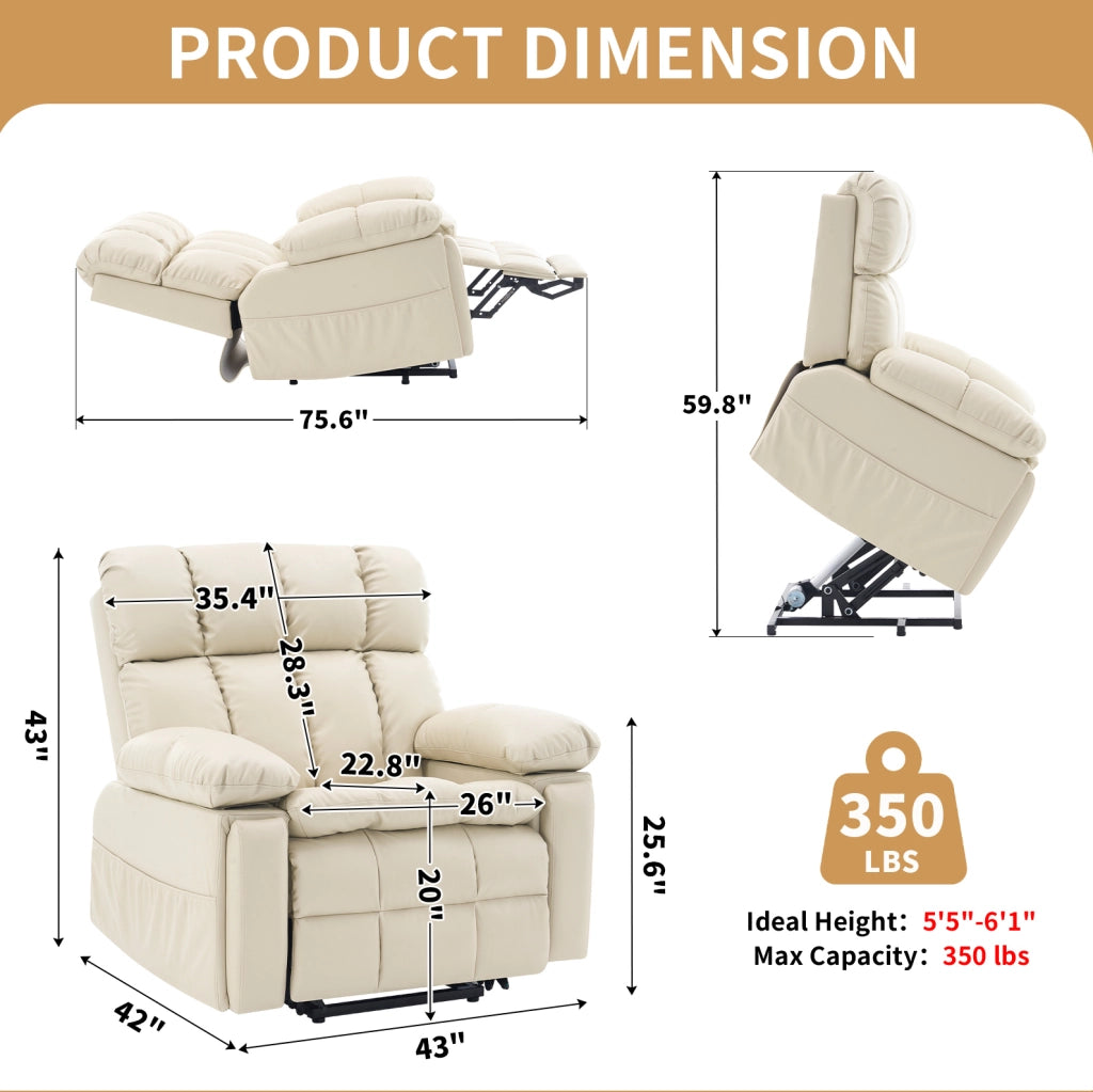 Poltrona relax elettrica con motore doppio, funzione alzapersona, massaggi e riscaldamento, rivestimento in tessuto crema