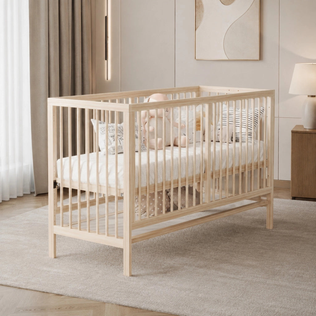 Letto per bambini convertibile in lettino da fianco, cavalletto e scrivania, regolabile in altezza, in legno naturale