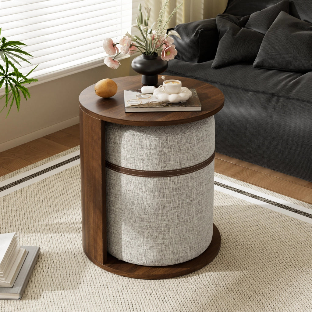 TAVOLO Laterale Rotondo con Sgabello Integrato 38x38x47,5 cm MDF Noce