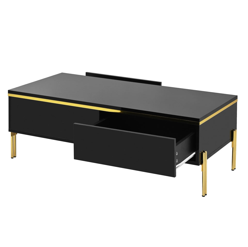 Tavolino da caffè moderno nero 100x50x36 cm in truciolare lucido con cassetti laterali