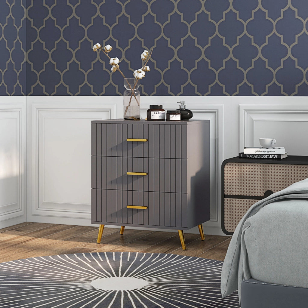 Cassettiera Moderna 3 Cassetti per Camera da Letto in Legno e Alluminio, Mobile Salvaspazio e Robusto, Oro e Grigio Scuro, 60x40x71.5 cm