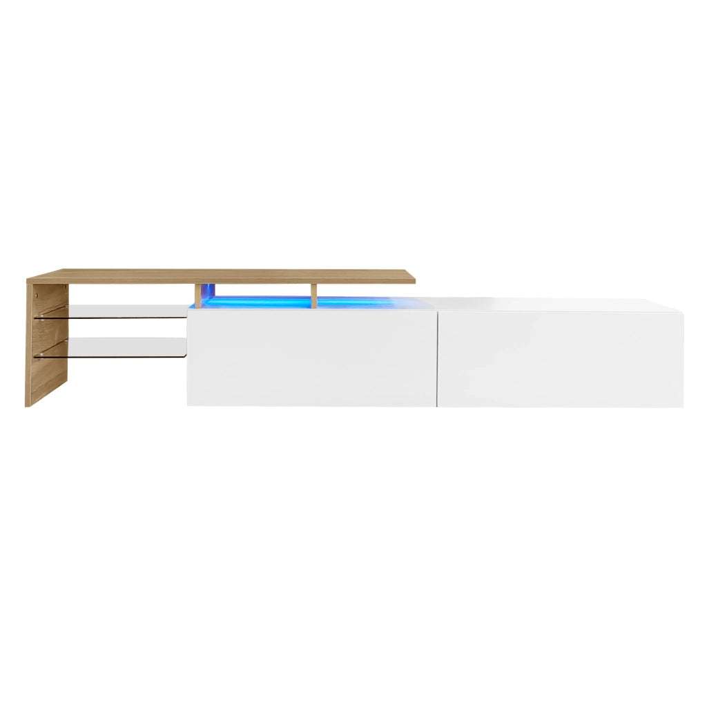 Mobile TV moderno 170 cm bianco e naturale con ripiani in vetro e LED a 16 colori