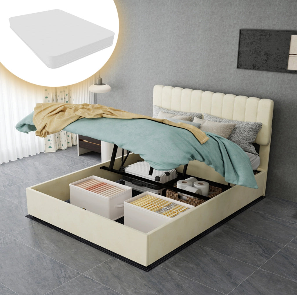 Letto imbottito minimalista beige 140x200 cm con testata morbida e contenitore