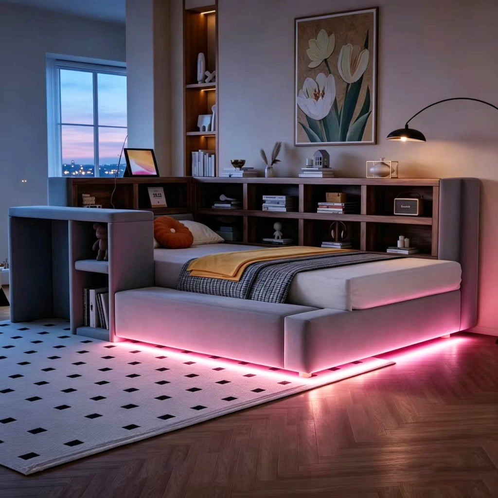Letto Imbottito 90x200 cm Singolo Grigio Scuro con Testiera Portaoggetti; LED e Prese Integrate