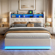 Letto imbottito 180x200 cm con LED multicolore, USB e contenitore idraulico in lino beige