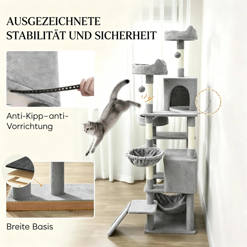 Albero tiragraffi per gatti, h 192 cm, 8 pali, 4 piattaforme, 2 nicchie, scala e 3 palline