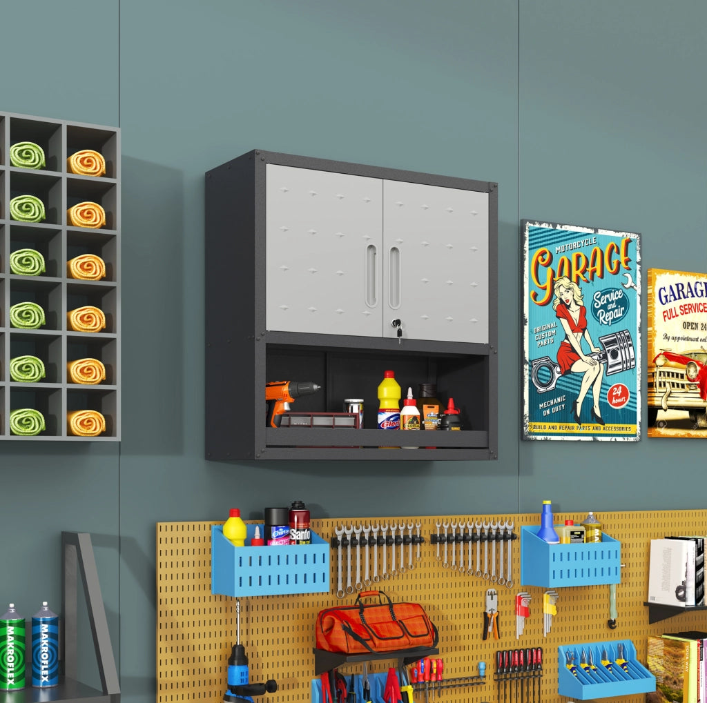 Armadio porta attrezzi in metallo da parete con serratura, 75 × 77 × 30 cm, grigio, con 1 ripiano e 1 cassetto aperto per garage e ufficio