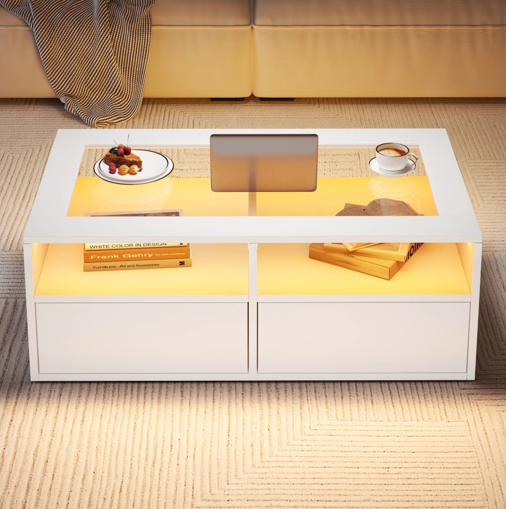 Tavolino da caffè bianco 100 x 50 x 35 cm con LED; 2 cassetti; piano in vetro temperato