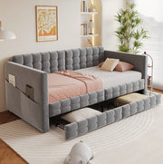 Letto imbottito 90x190 cm con 2 cassetti; tasche laterali e velluto grigio