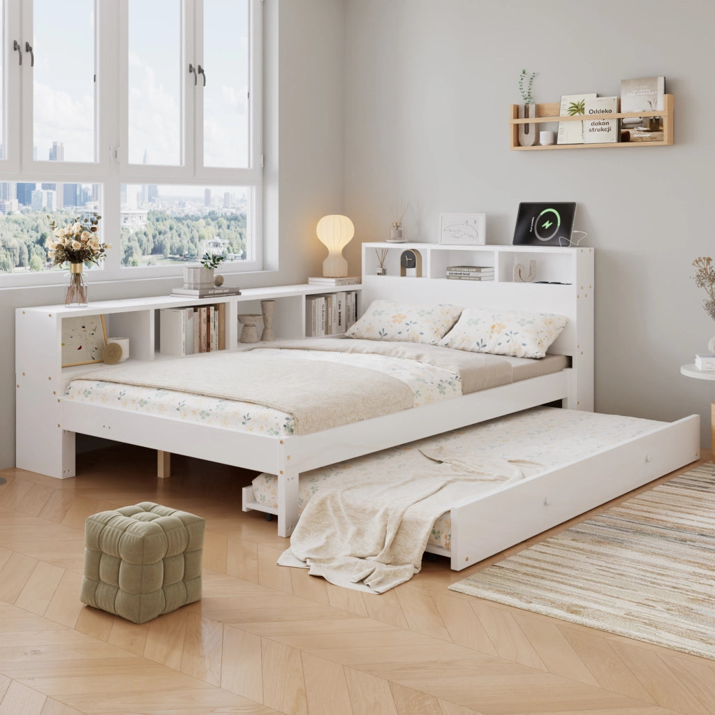 Letto in legno massello 120x200 cm, con letto estraibile 90x190 cm, comprensivo di ripiano portaoggetti e presa di ricarica, bianco