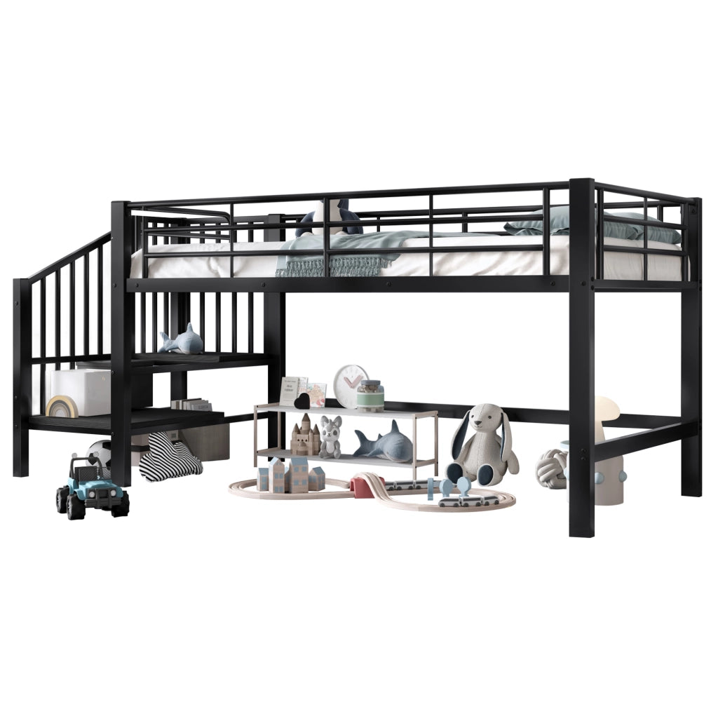 Letto a soppalco per bambini 90x200 cm in metallo nero con scala contenitore
