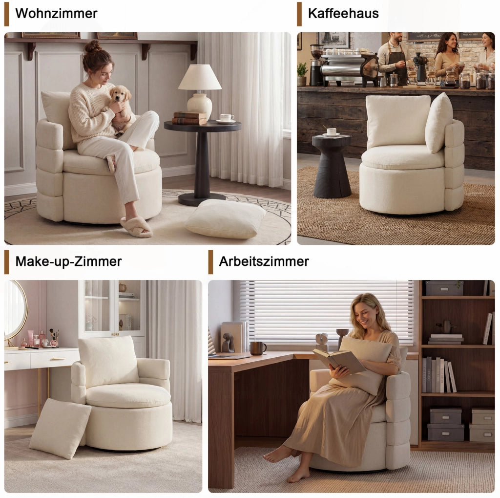 Sedia Girevole 360° con Tessuto Chenille, Cuscino Morbido e Contenitore Nascosto, Poltrona Moderna per Soggiorno e Camera, Dimensioni 72x66.5x76 cm, Avorio