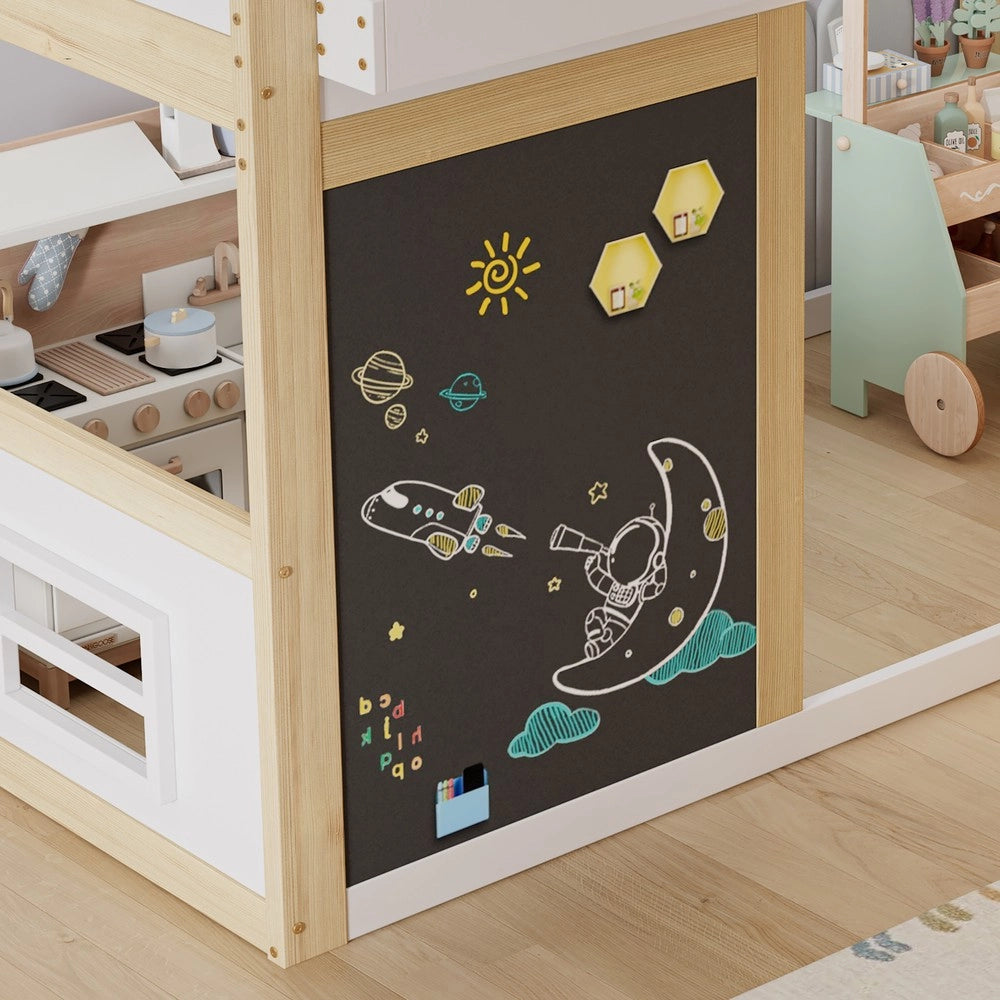 Letto a Soppalco per Bambini con Cassetti e Lavagnetta ¨C Xylo ¨C Pino e MDF, Bianco/Naturale, 90x200cm