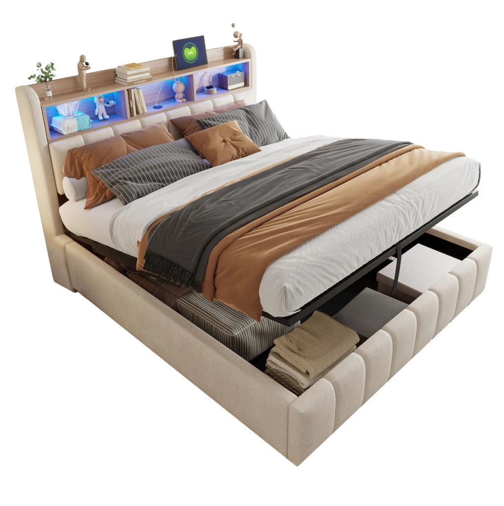 Letto imbottito 180x200 cm con LED e contenitore; lino; beige