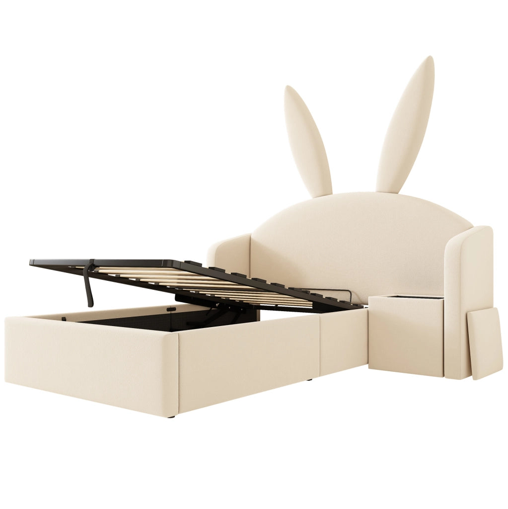 Letto imbottito per bambini ULEVR 90x200 cm con contenitore idraulico, comodino montabile a sinistra o destra, beige