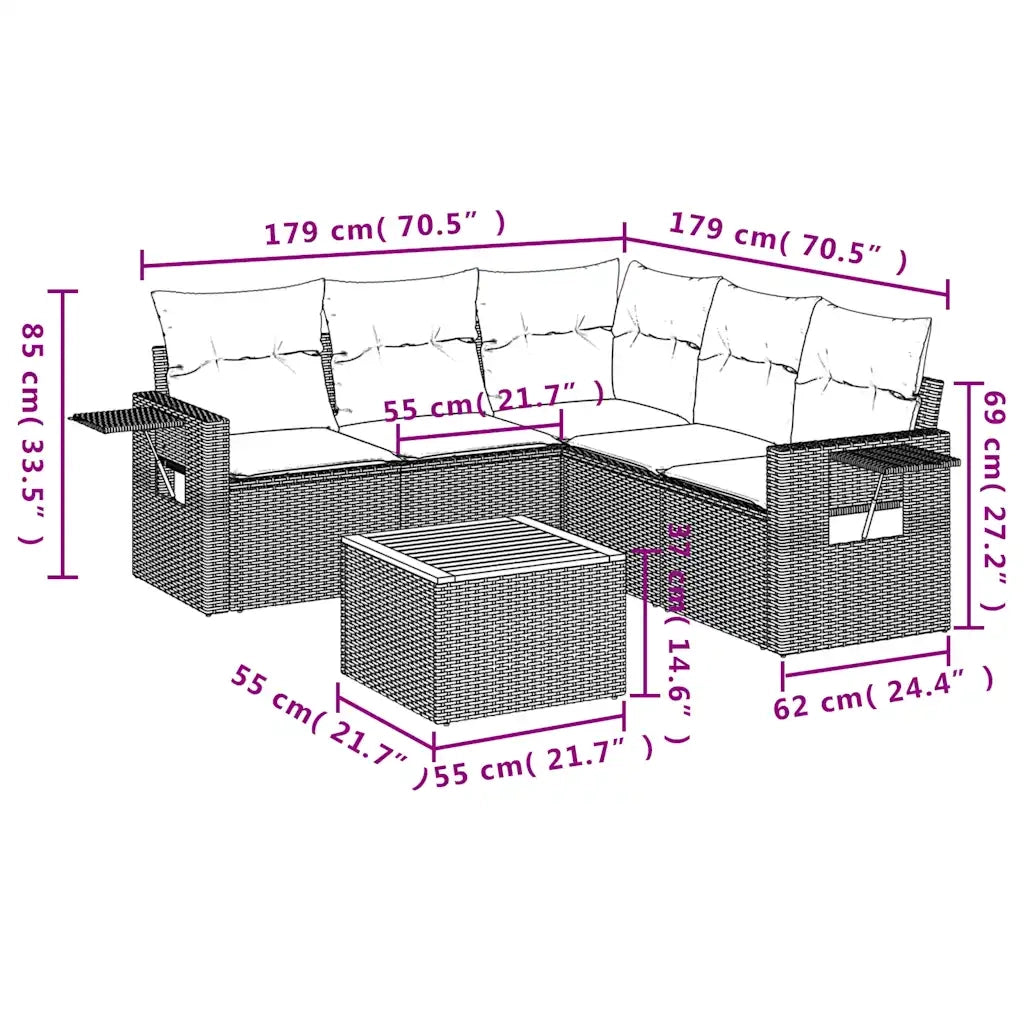 Set Divani da Giardino 6 pz con Cuscini Nero in Polyrattan 3224559