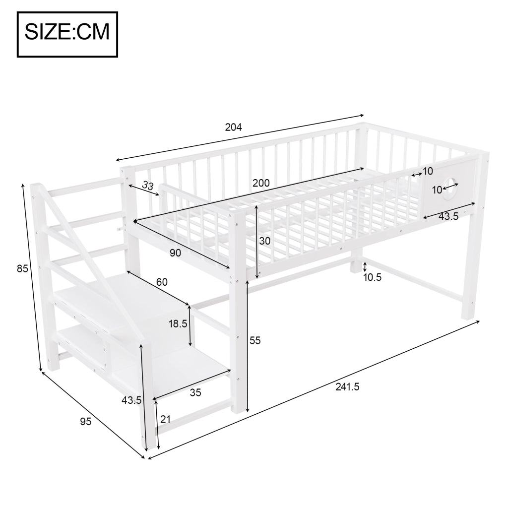 Letto a Soppalco Basso per Bambini Singolo 90x200 cm Struttura in Metallo Bianco con Scala Contenitore