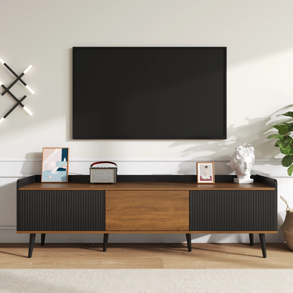 Mobile TV a tre ante con bordo rialzato e gambe in legno nero e naturale 160 × 39 × 49.5 cm
