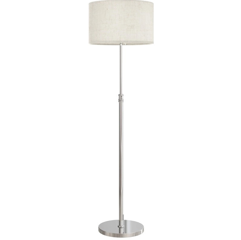 Lampada da terra regolabile con telecomando, paralume in tessuto beige, struttura in metallo, dimmer e interruttore a pedale