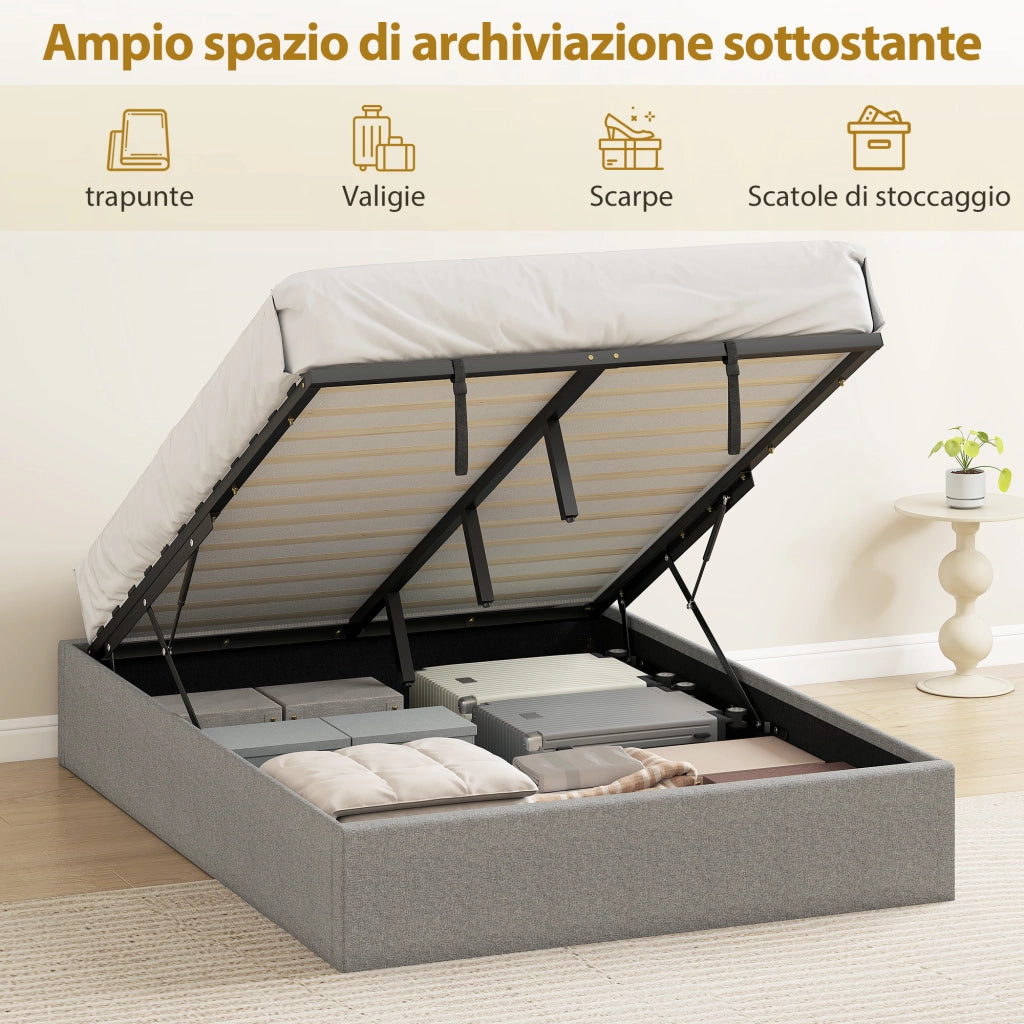 Letto Contenitore Matrimoniale 190x140 cm Doghe in Legno Pistone a Gas e Rivestimento in Tessuto Grigio