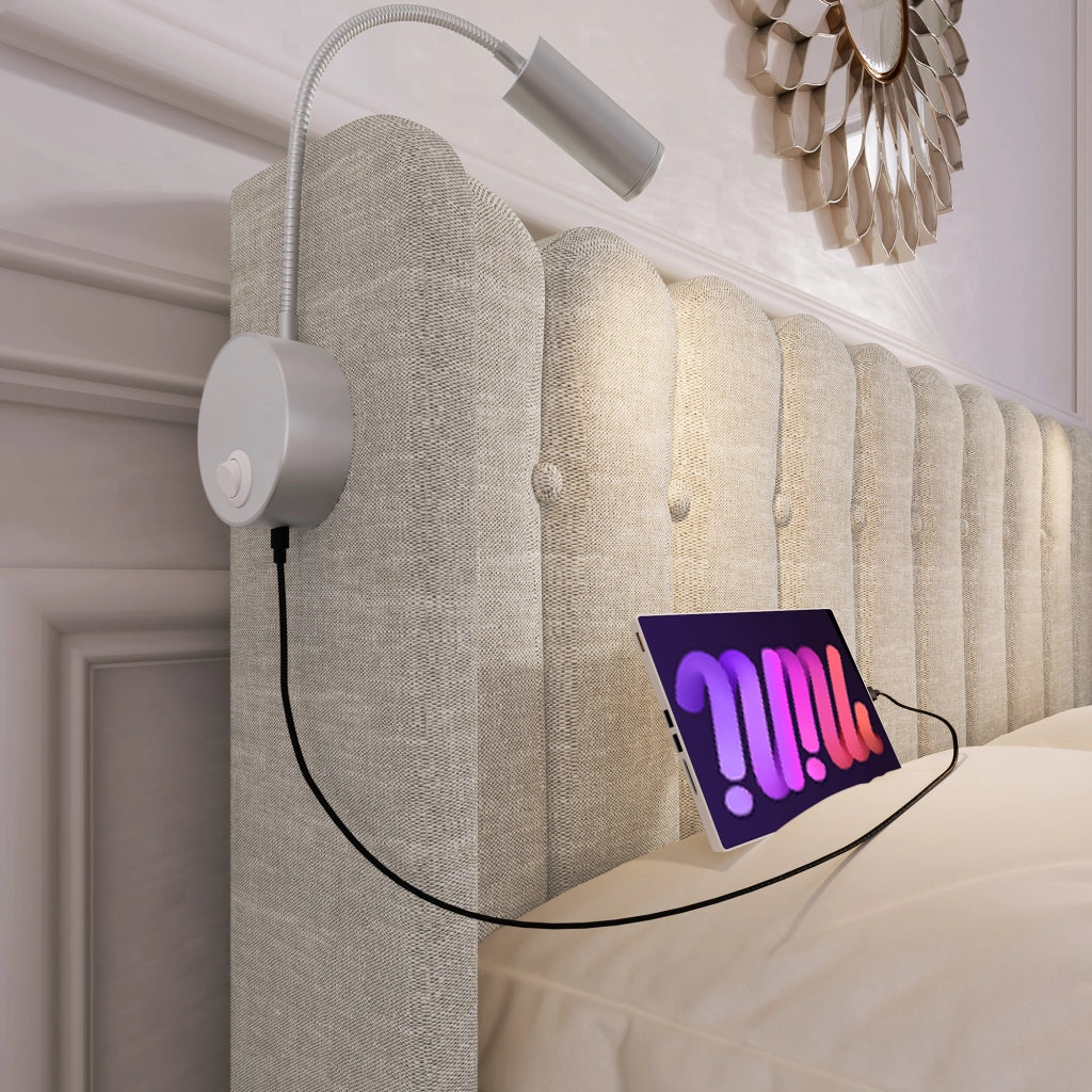 LETTO Contenitore 140x200 cm in lino naturale con luce lettura e USB