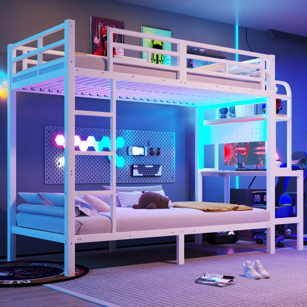 Letto a castello 90 × 200 cm con scrivania LED USB in metallo e MDF bianco con ripiani e scala