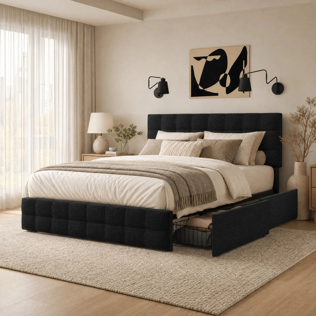 Letto matrimoniale imbottito 140 × 200 cm con 4 cassetti testiera regolabile in lino nero e rete in acciaio