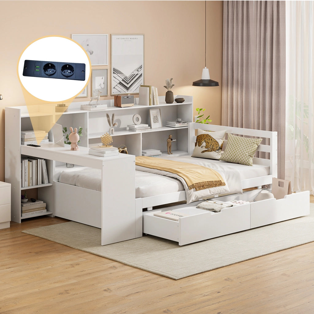 Letto con cassetti 90 × 200 cm con scrivania scaffali prese USB e di corrente rete a doghe in legno bianco
