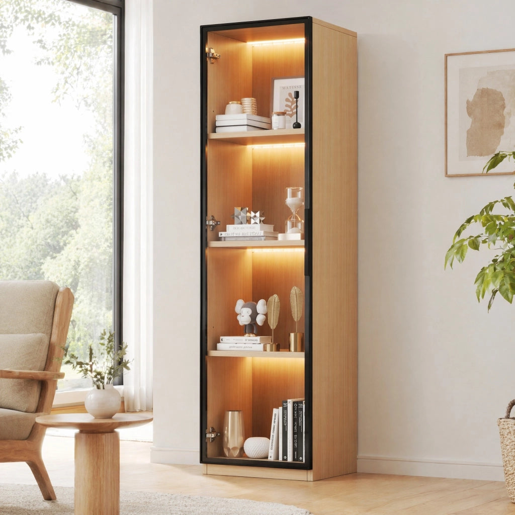 Vetrina stretta 40x40x165 cm in MDF effetto rovere con anta in vetro e LED